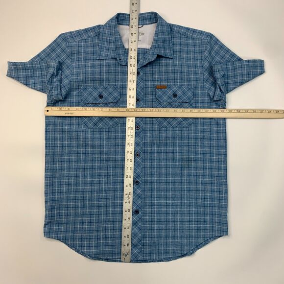 Orvis Woven Tech Shirt Mens M Medium Copen Blue Pocket Button Up Plaid - Picture 7 of 12